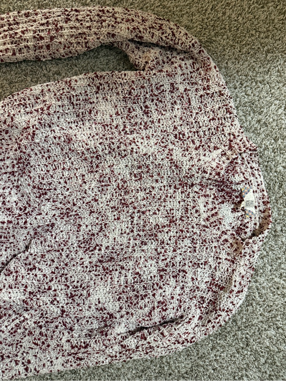 Pink Rose Open-Knit Crewneck Sweater in White & Burgundy